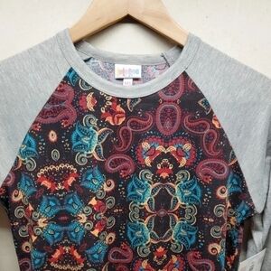 Lularoe xxs randy baseball raglan tee womens blue gray paisley floral print